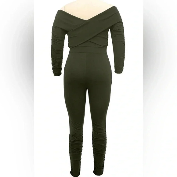 Womens Plus Size Sexy Off Shoulder Solid Color Ruched Bodycon Jumpsuits - Picture 5 of 8